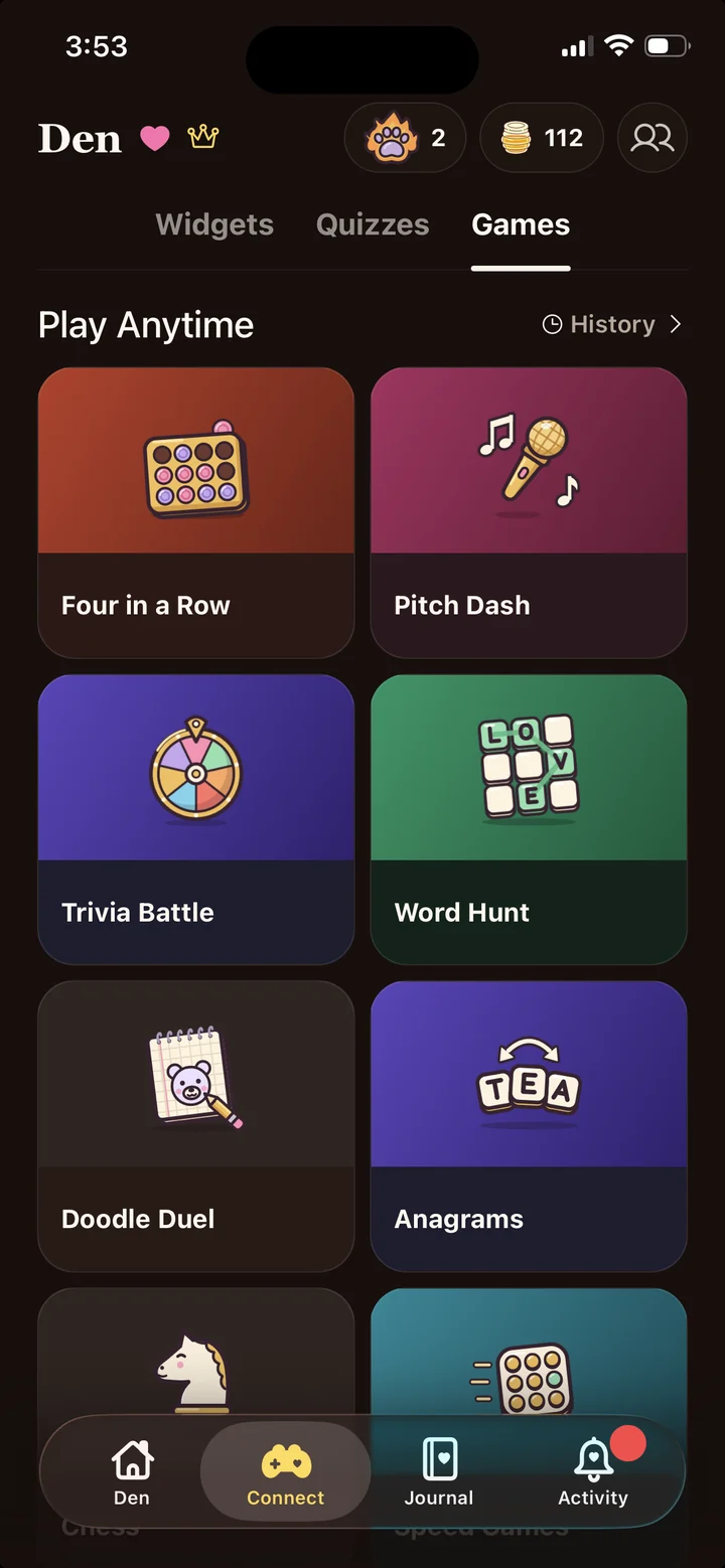 Den's games for couples, including Four in a Row, Pitch Dash, Trivia Battle, and Word Hunt