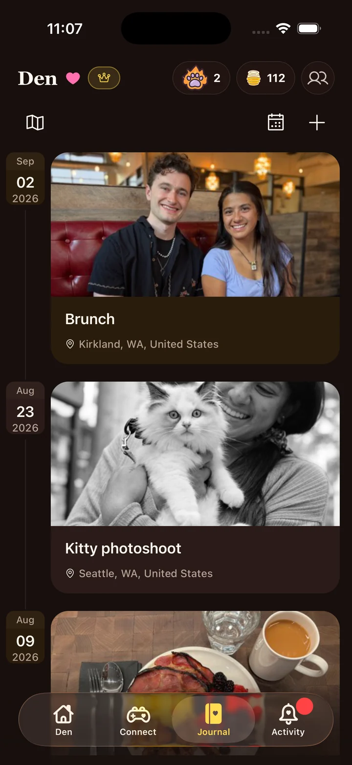 Den's shared journal timeline of photos and memories, from a brunch date to a kitty photoshoot