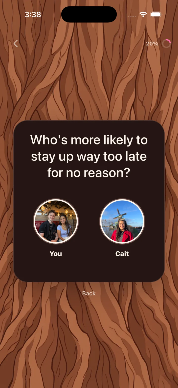 A Den couples quiz asking who's more likely to stay up way too late for no reason